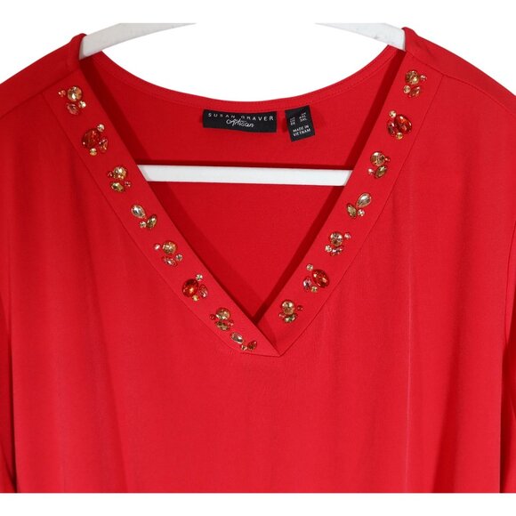 SUSAN GRAVER Artisan Liquid Knit Jeweled V Neck Tunic Top 3X Red Short Sleeve - Picture 3 of 7